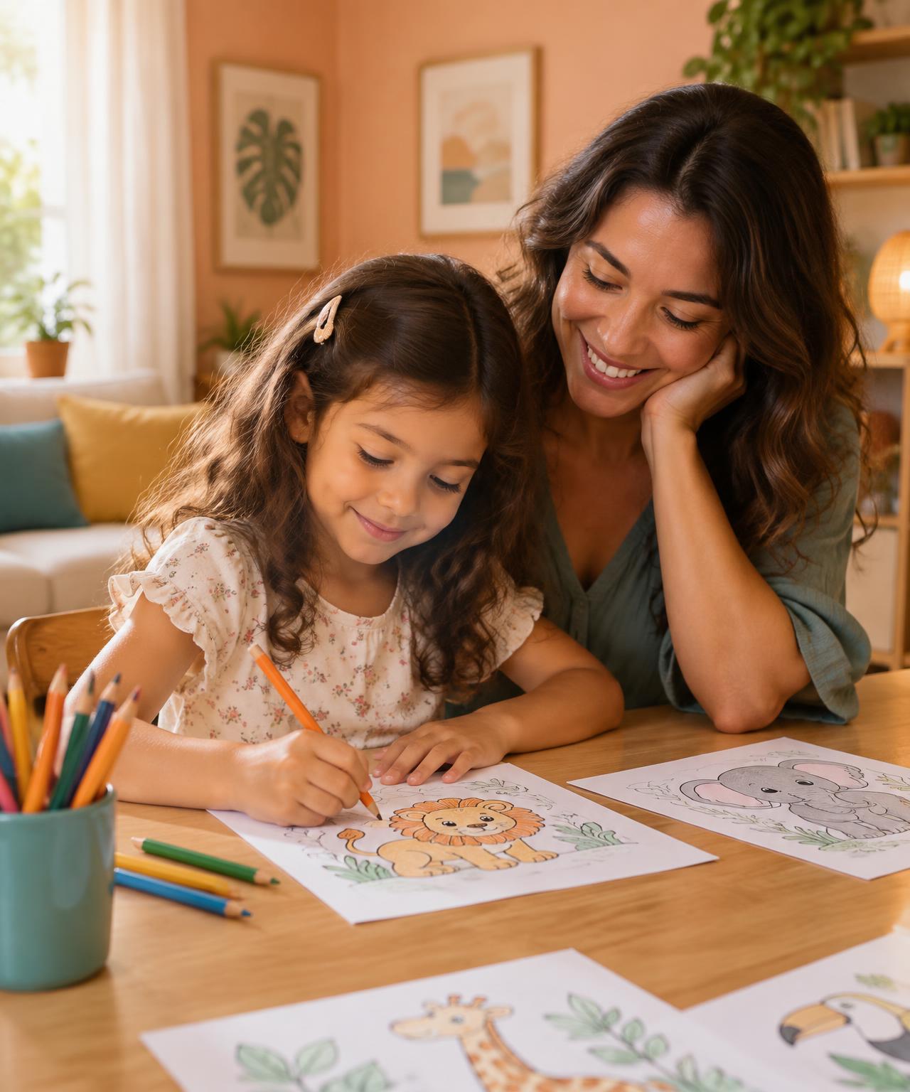 Mãe acompanhando a filha enquanto ela colore desenhos de animais